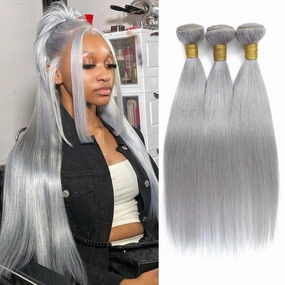 Grey Color Straight Bundles Human Hair, Short 10A 100% Unprocessed Virgin Remy Bundles Lavender Silver Gray Human Hair Soft and Thick Sew In Quick Weave 10 12 14 Inch for Women