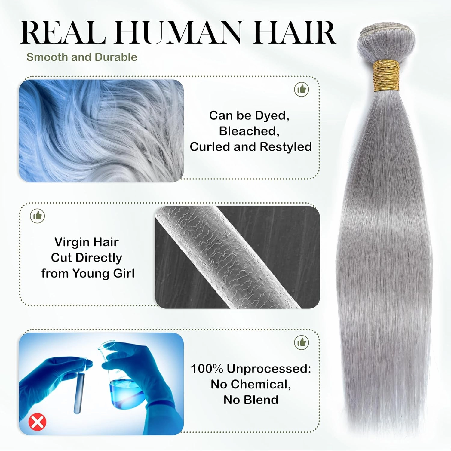 Grey Color Straight Bundles Human Hair, Short 10A 100% Unprocessed Virgin Remy Bundles Lavender Silver Gray Human Hair Soft and Thick Sew In Quick Weave 10 12 14 Inch for Women