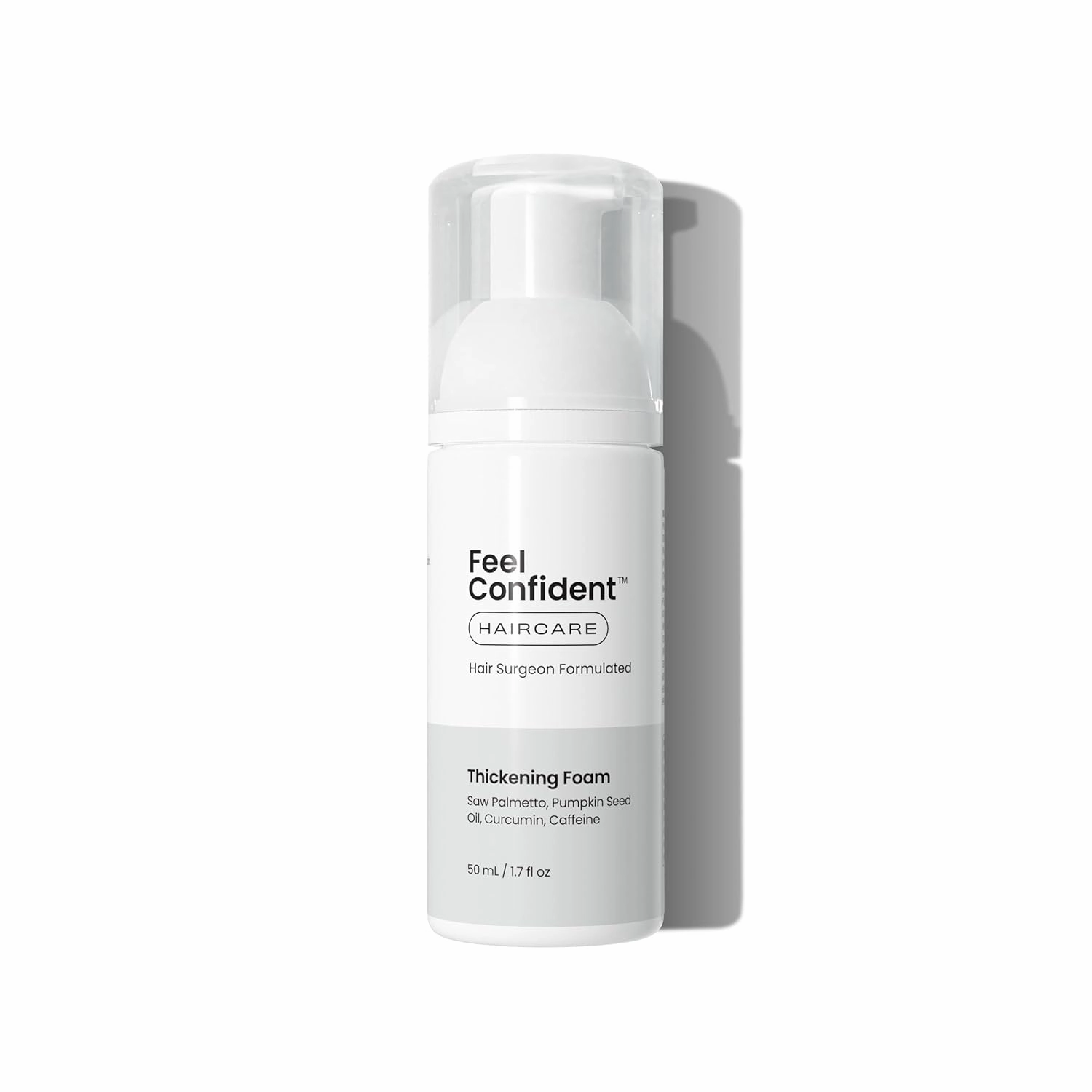 Haircare Thickening Foam - Hair Surgeon Formulated. Pumpkin seed oil, turmeric root extract, saw palmetto, and caffeine. 1.7 oz / 50 mL Foam Pump.