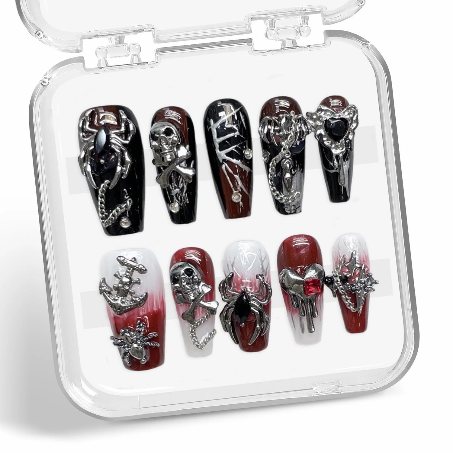 Halloween Press on Nails Goth Gradient False Nails Handmade Press on Nails Terror 3D Spider Sugar Skull and Heart Designs Medium Coffin Fake Nails Full Cover Thick Halloween Nails for Women (Size M)