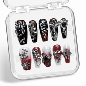 Halloween Press on Nails Goth Gradient False Nails Handmade Press on Nails Terror 3D Spider Sugar Skull and Heart Designs Medium Coffin Fake Nails Full Cover Thick Halloween Nails for Women (Size S)