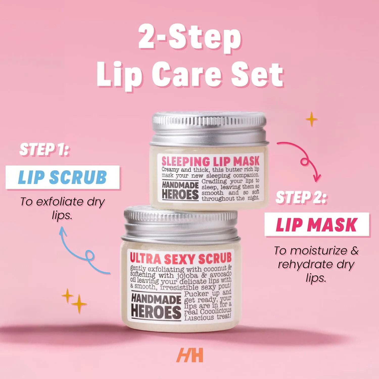 Handmade Heroes 100% Natural Coconut Lip Exfoliator & Lip Mask Gift Set - Gentle Exfoliant Sugar Lip Polish & Moisturizer for Chapped & Dry Lips