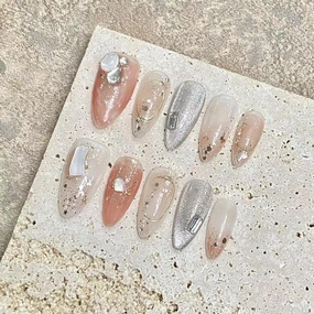 Handmade Nails Press on,Luxury glitter orange white silver rhinestone Design Nail Art Kit,Acrylic Fake Nails Kit,Reusable False nails,Include Toolkit,10pcs,Size M，#1947