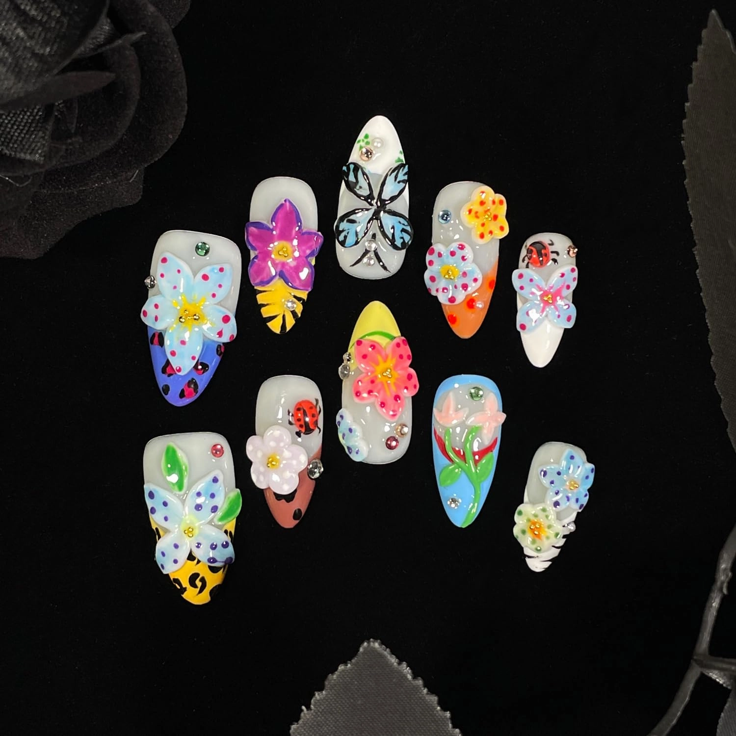 Handmade Press On Nails 3D Floral & Butterfly with Red Ladybug Fake Nails Medium Almond Acrylic Nail Tips Luxury Enchanted Garden Stick on False Nails Dreamy Nails (Garden, L)