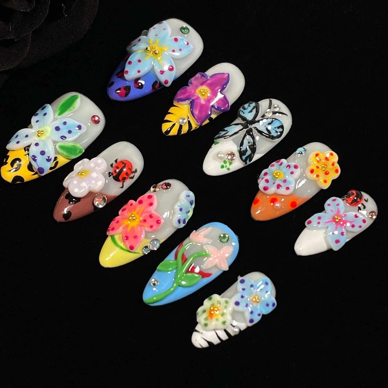Handmade Press On Nails 3D Floral & Butterfly with Red Ladybug Fake Nails Medium Almond Acrylic Nail Tips Luxury Enchanted Garden Stick on False Nails Dreamy Nails (Garden, L)