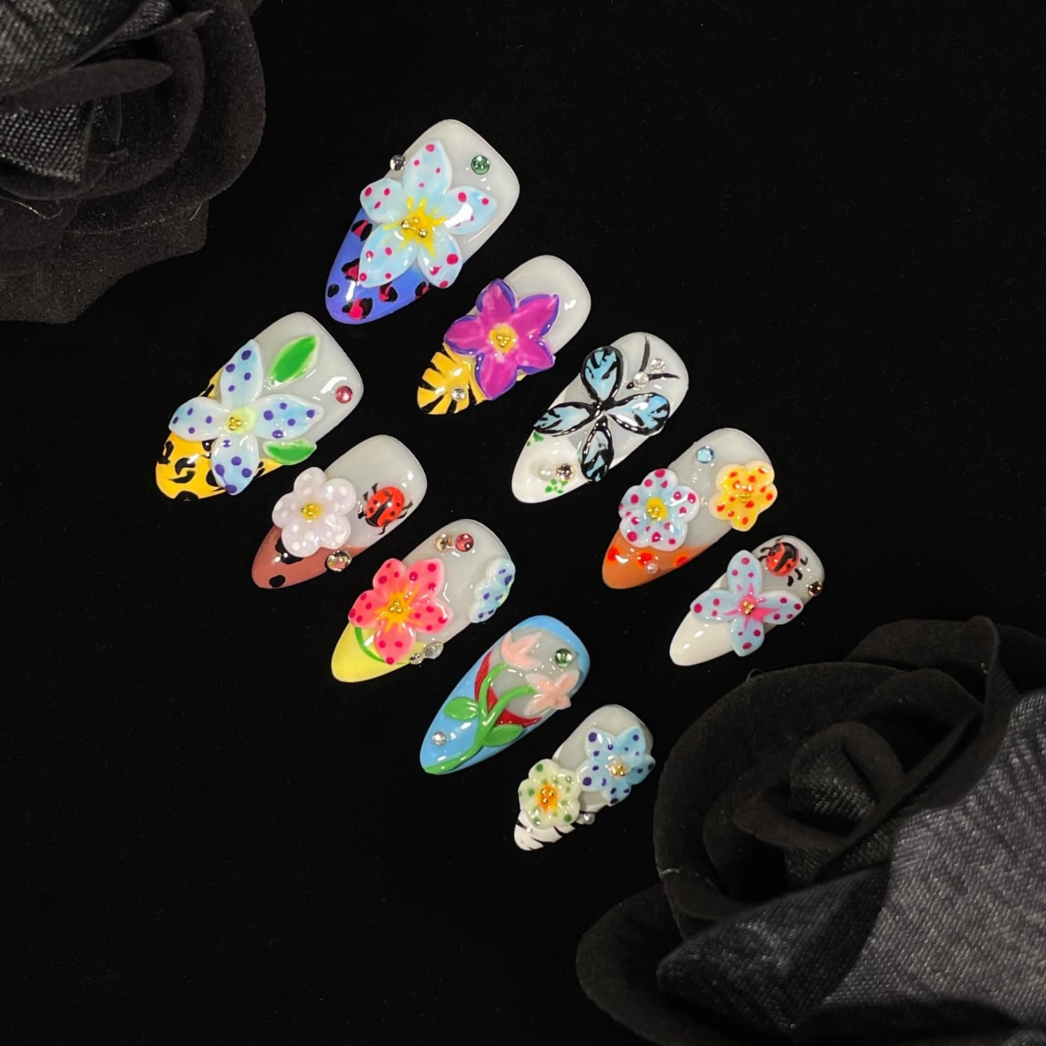 Handmade Press On Nails 3D Floral & Butterfly with Red Ladybug Fake Nails Medium Almond Acrylic Nail Tips Luxury Enchanted Garden Stick on False Nails Dreamy Nails (Garden, L)