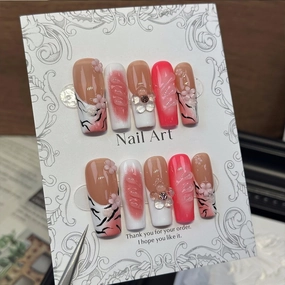 Handmade Press on Nails Long Square Shaped Fake Nails with 3D Rhinestones Flower Design Thick Acrylic and Muti-Layer Gel False Nails White French Tip Full Cover Acrylic Nails for Women (Size M)