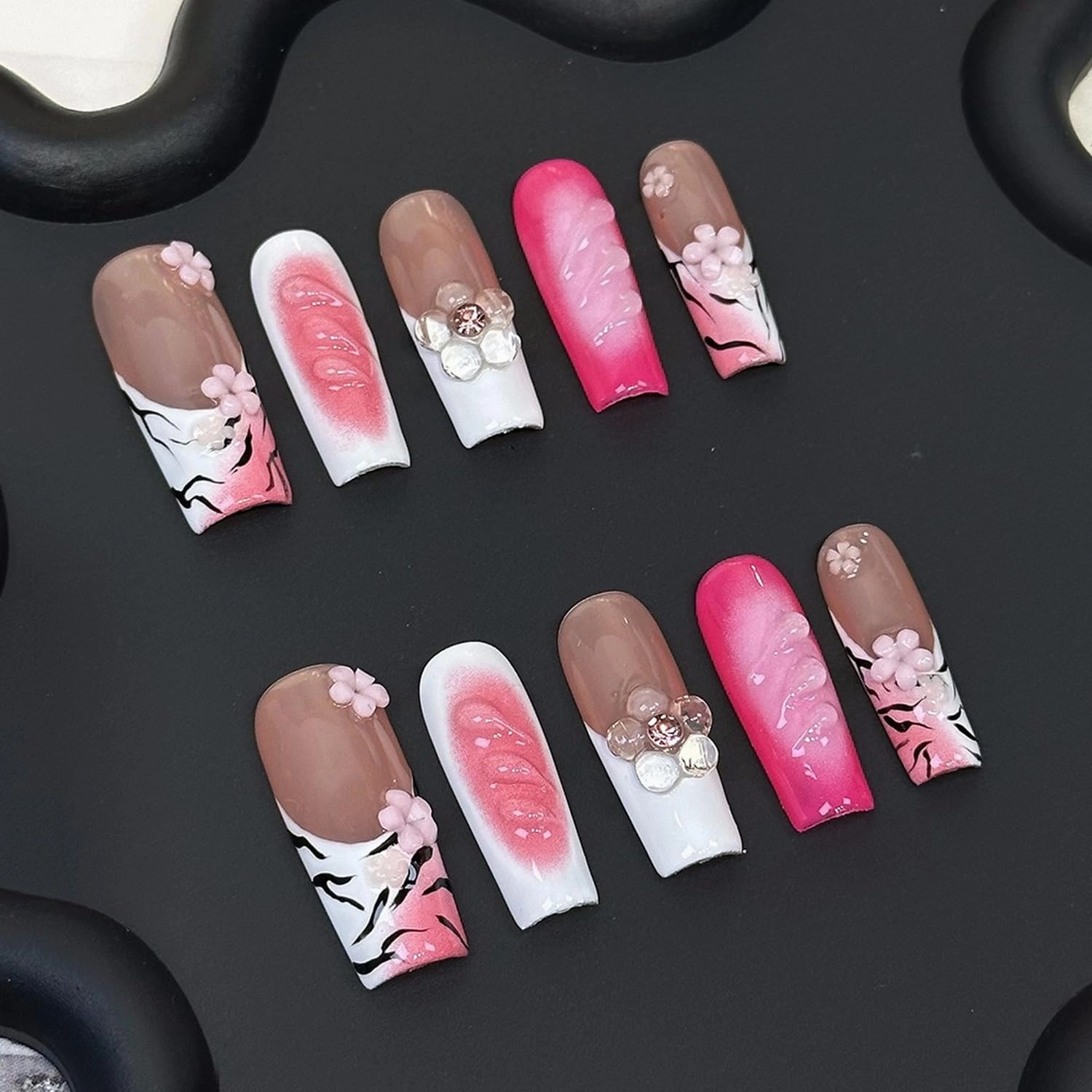 Handmade Press on Nails Long Square Shaped Fake Nails with 3D Rhinestones Flower Design Thick Acrylic and Muti-Layer Gel False Nails White French Tip Full Cover Acrylic Nails for Women (Size M)