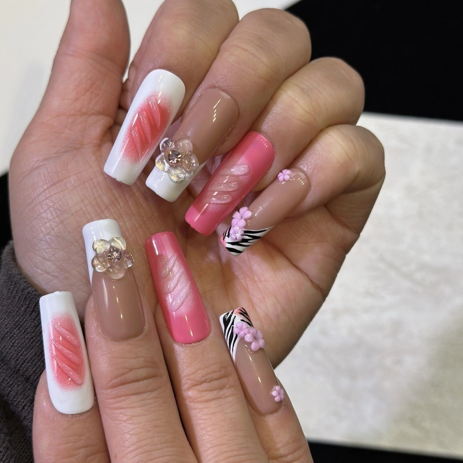 Handmade Press on Nails Long Square Shaped Fake Nails with 3D Rhinestones Flower Design Thick Acrylic and Muti-Layer Gel False Nails White French Tip Full Cover Acrylic Nails for Women (Size M)