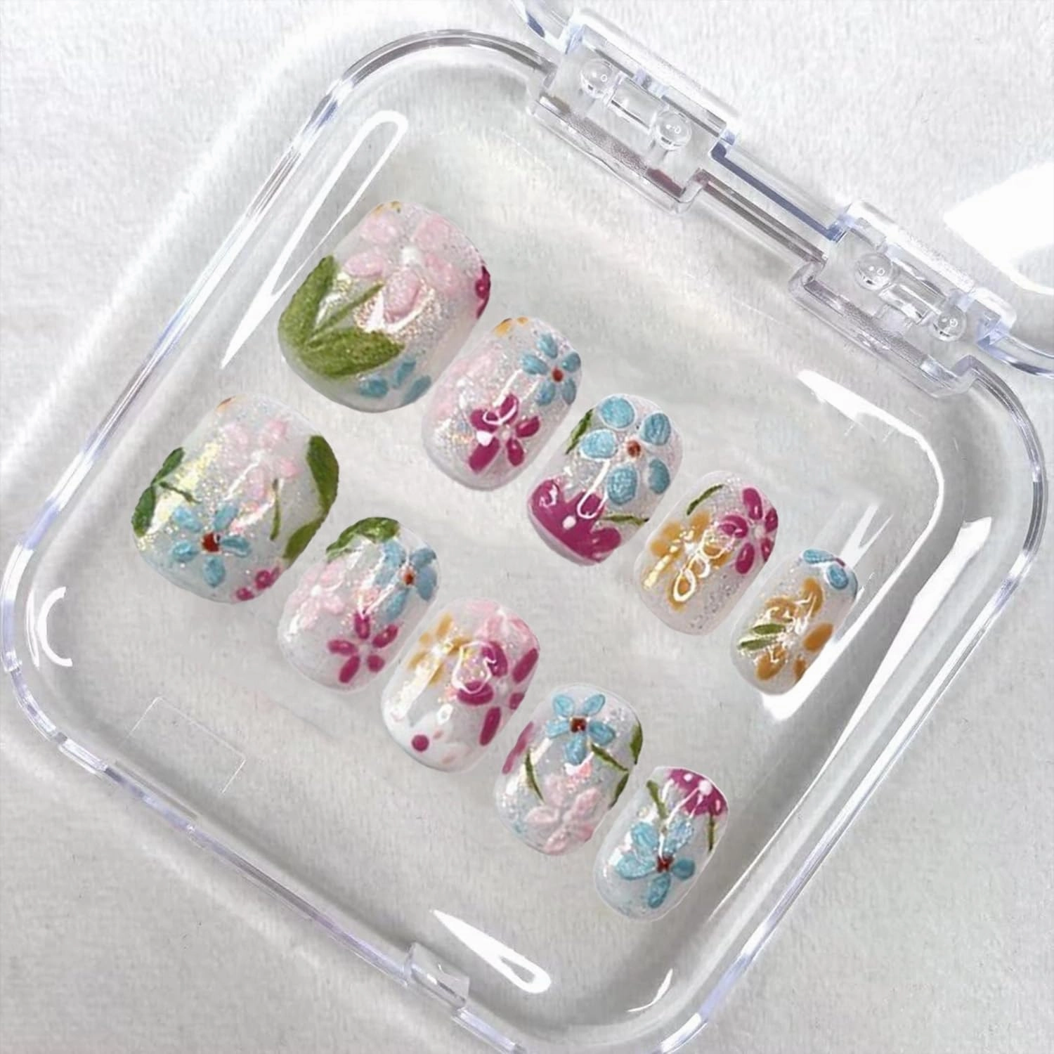 Handmade Press on Nails Short Square Fake Nails Summer False Nails Luxury Cute Flower Full Cover Stick on Nails Glue on Nails Floral Nails Acrylic Nails for Women Girls (Oil Painting M)
