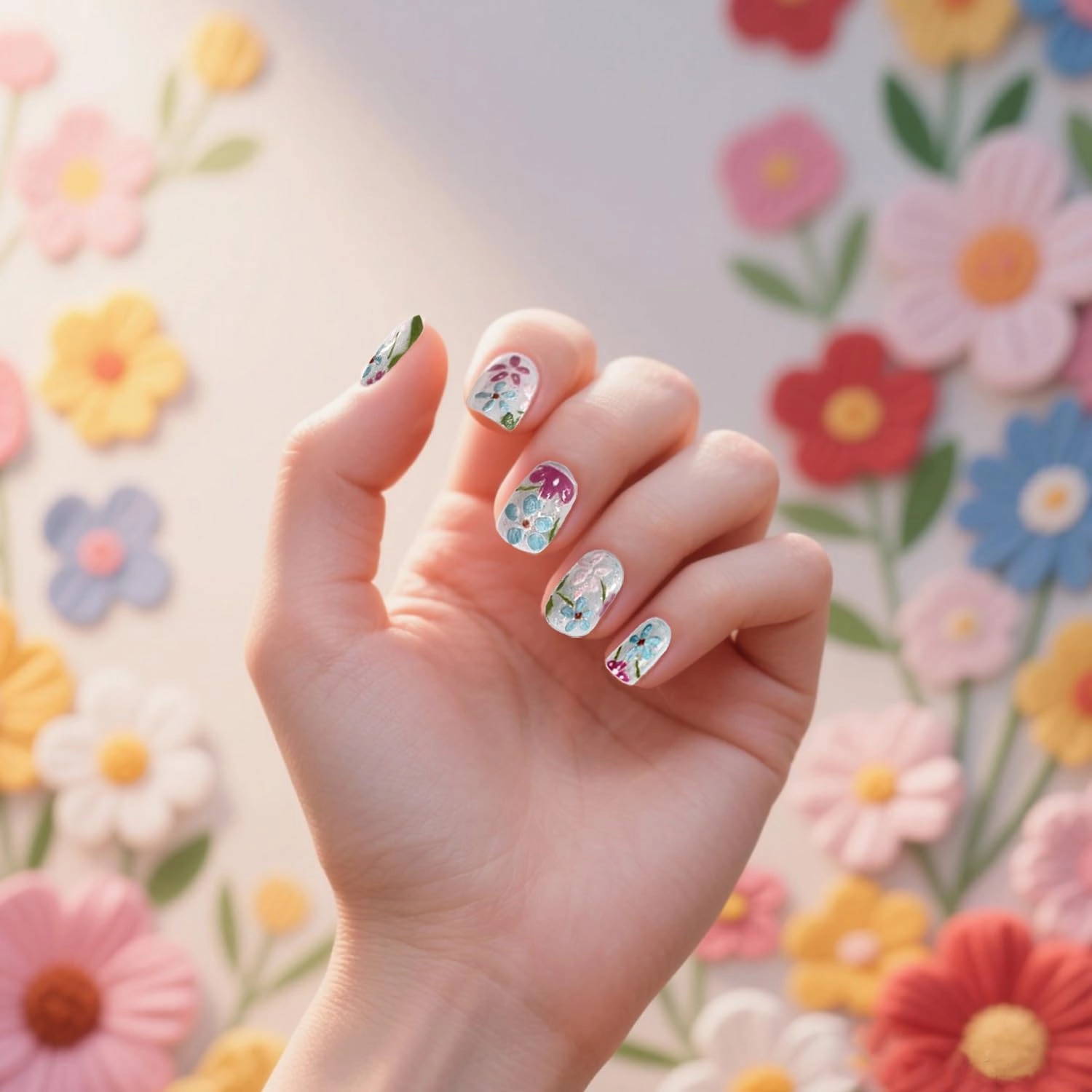 Handmade Press on Nails Short Square Fake Nails Summer False Nails Luxury Cute Flower Full Cover Stick on Nails Glue on Nails Floral Nails Acrylic Nails for Women Girls (Oil Painting M)