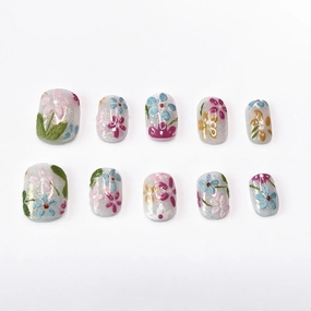 Handmade Press on Nails Short Square Fake Nails Summer False Nails Luxury Cute Flower Full Cover Stick on Nails Glue on Nails Floral Nails Acrylic Nails for Women Girls (Oil Painting M)