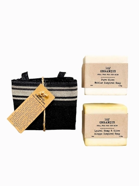 Handmade- Turkish Hammam Spa Bath - Extra Thick Kese Body Scrub Mitt & Artisanal Olive & Laurel Berry Soaps