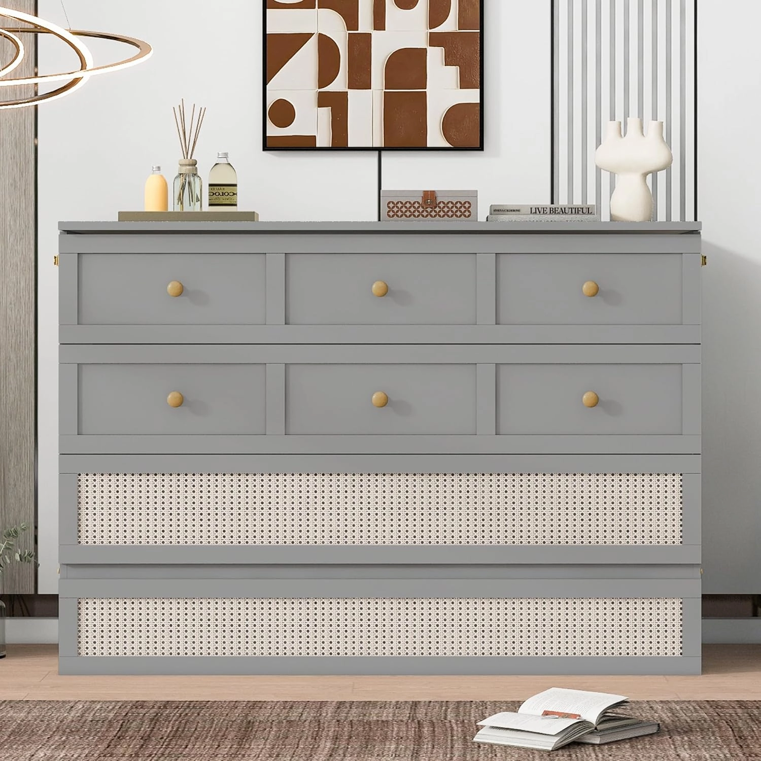 Harper & Bright Designs Full Murphy Bed Wall Bed with Storage Drawers, Wood Murphy Bed Chest, Pulley Structure Design, Foldable Platform Bed Full Size, for Home Office Small Room,Gray