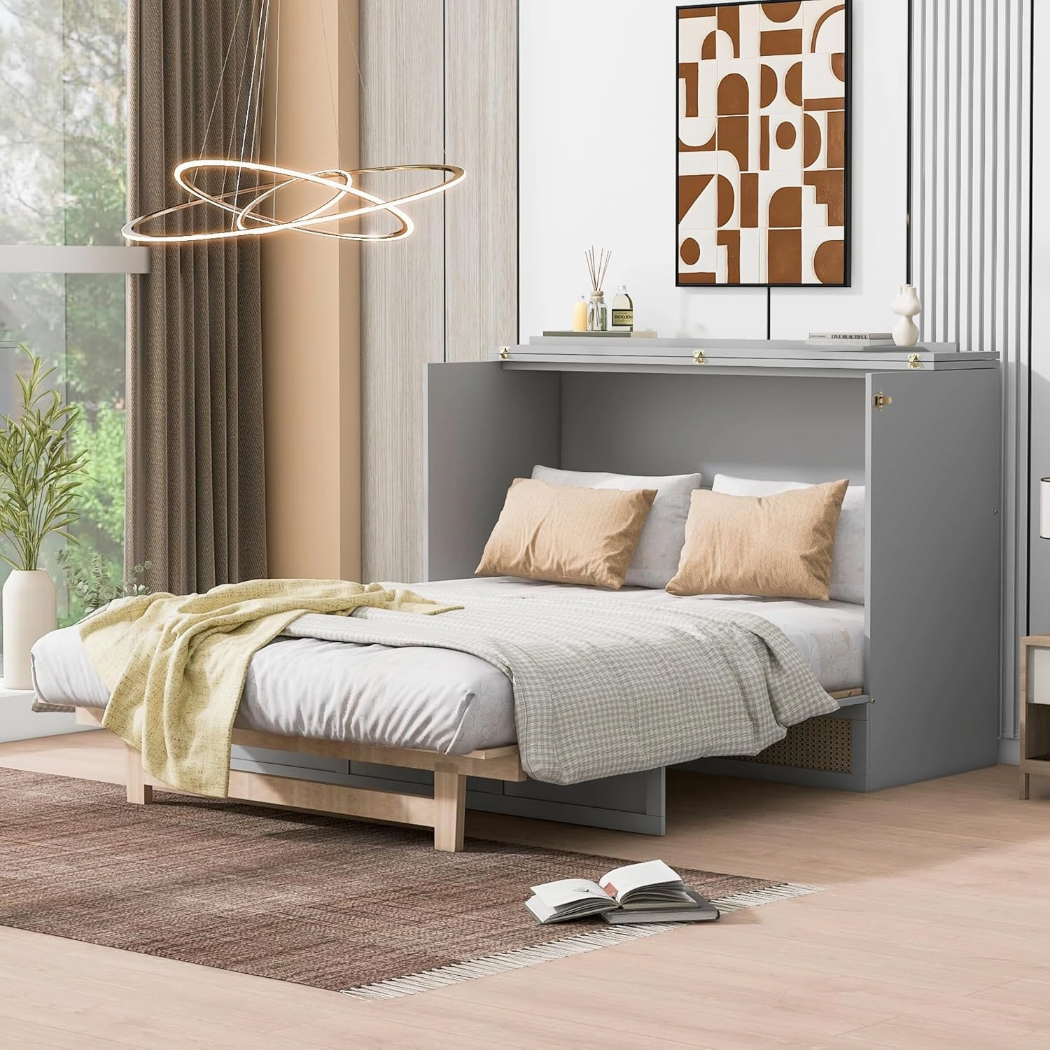 Harper & Bright Designs Full Murphy Bed Wall Bed with Storage Drawers, Wood Murphy Bed Chest, Pulley Structure Design, Foldable Platform Bed Full Size, for Home Office Small Room,Gray