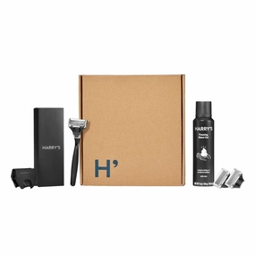 Harry's Shave Gift Set for Men — Black Metallic Handle   3 Razor Blade Cartridges   Travel Blade Cover   1 Foaming Shave Gel