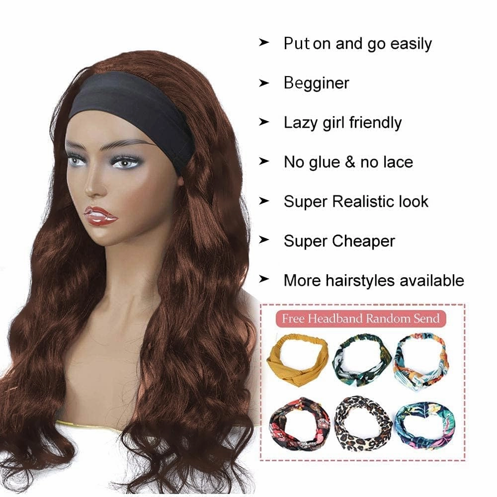 Headband Wig Human Hair Body Wave 14 Inch Chocolate Brown Glueless None Lace Front Wig Brazilian Virgin Human Hair Wigs Wear and Go Wigs for Black Women 150% Density Wigs