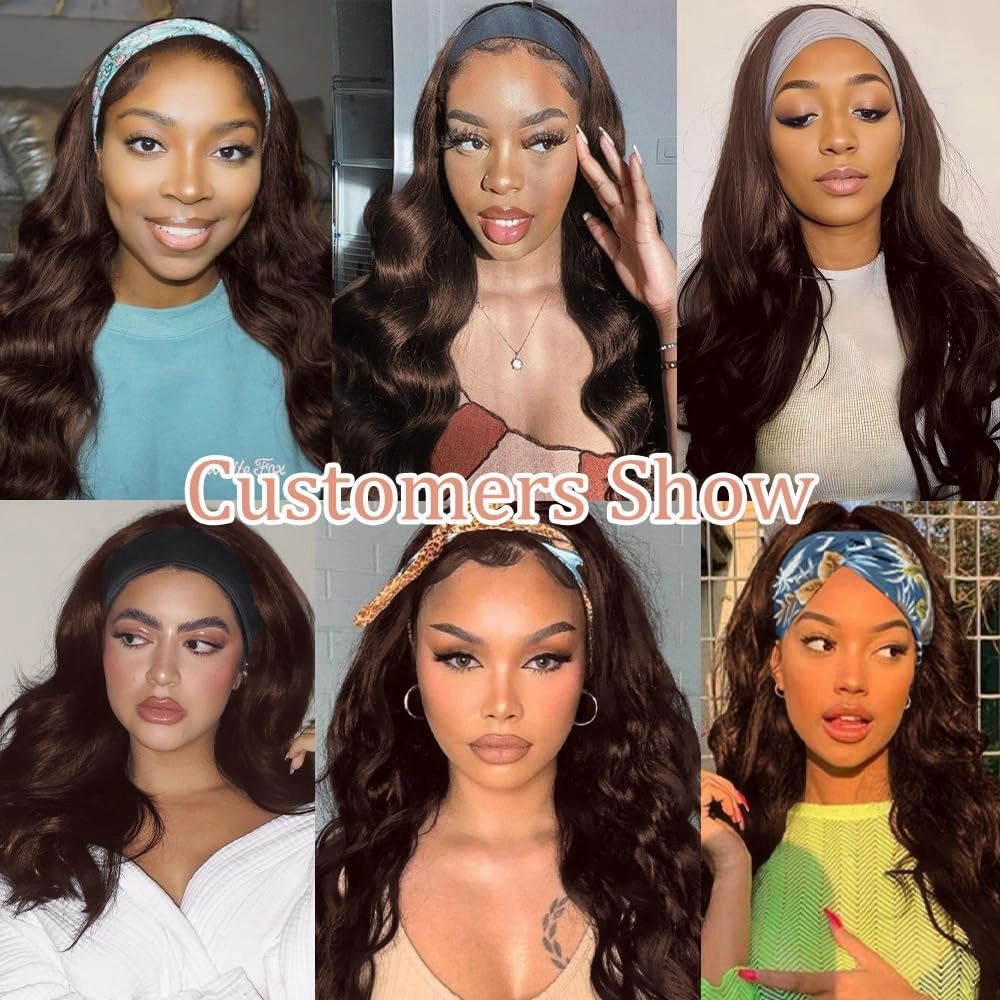 Headband Wig Human Hair Body Wave 14 Inch Chocolate Brown Glueless None Lace Front Wig Brazilian Virgin Human Hair Wigs Wear and Go Wigs for Black Women 150% Density Wigs