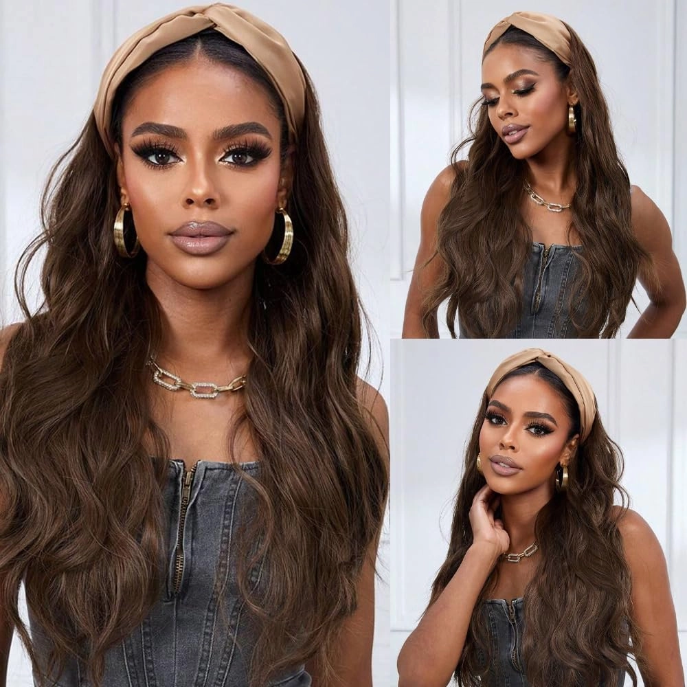 Headband Wig Human Hair Body Wave 14 Inch Chocolate Brown Glueless None Lace Front Wig Brazilian Virgin Human Hair Wigs Wear and Go Wigs for Black Women 150% Density Wigs