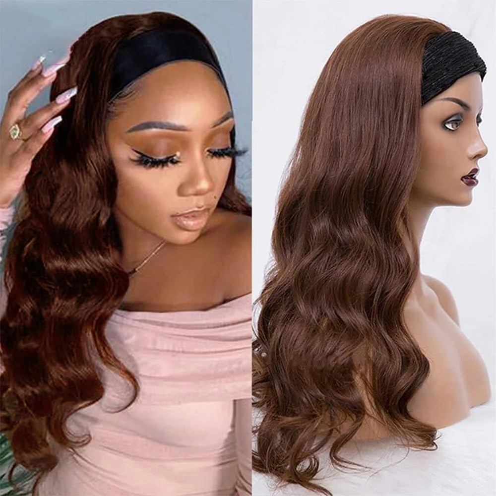 Headband Wig Human Hair Body Wave 14 Inch Chocolate Brown Glueless None Lace Front Wig Brazilian Virgin Human Hair Wigs Wear and Go Wigs for Black Women 150% Density Wigs