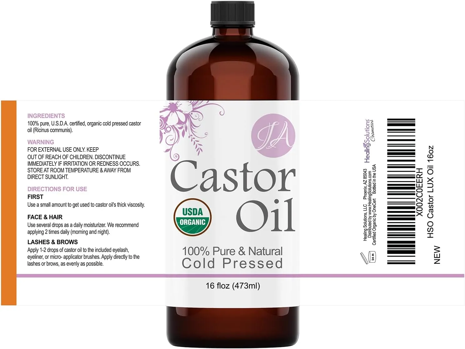 Healing Solutions Oils - 16 oz Castor Oil Organic Pure Natural, Cold Pressed, Hexane & Chemical Free Natural Solution, Lash Serum, Stimulates Growth For Hair, Eyelash, Eyebrows, Scalp & Beard - 473ml