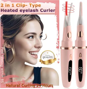 Heated Eyelash Curler - 2 in 1 Clip- Type Heated lash Curler Best Seller Electric Eyelash Curler LED Display 3 Temp Settings for Makeup Tools USB Rechargeable 24H Long Lasting-Pink