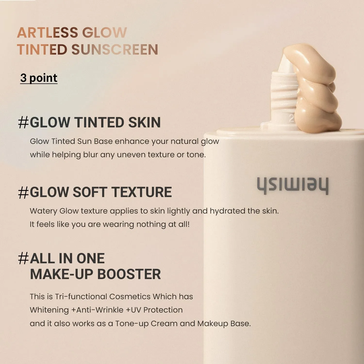HEIMISH Artless Glow Tinted Sunscreen, Multipurpose Makeup Base, Primer, Highlighter, Lightweight, Non-greasy, Hydrating, Natural Finish with SPF 50  PA   , 1.35fl.oz/40ml, Shine Beige