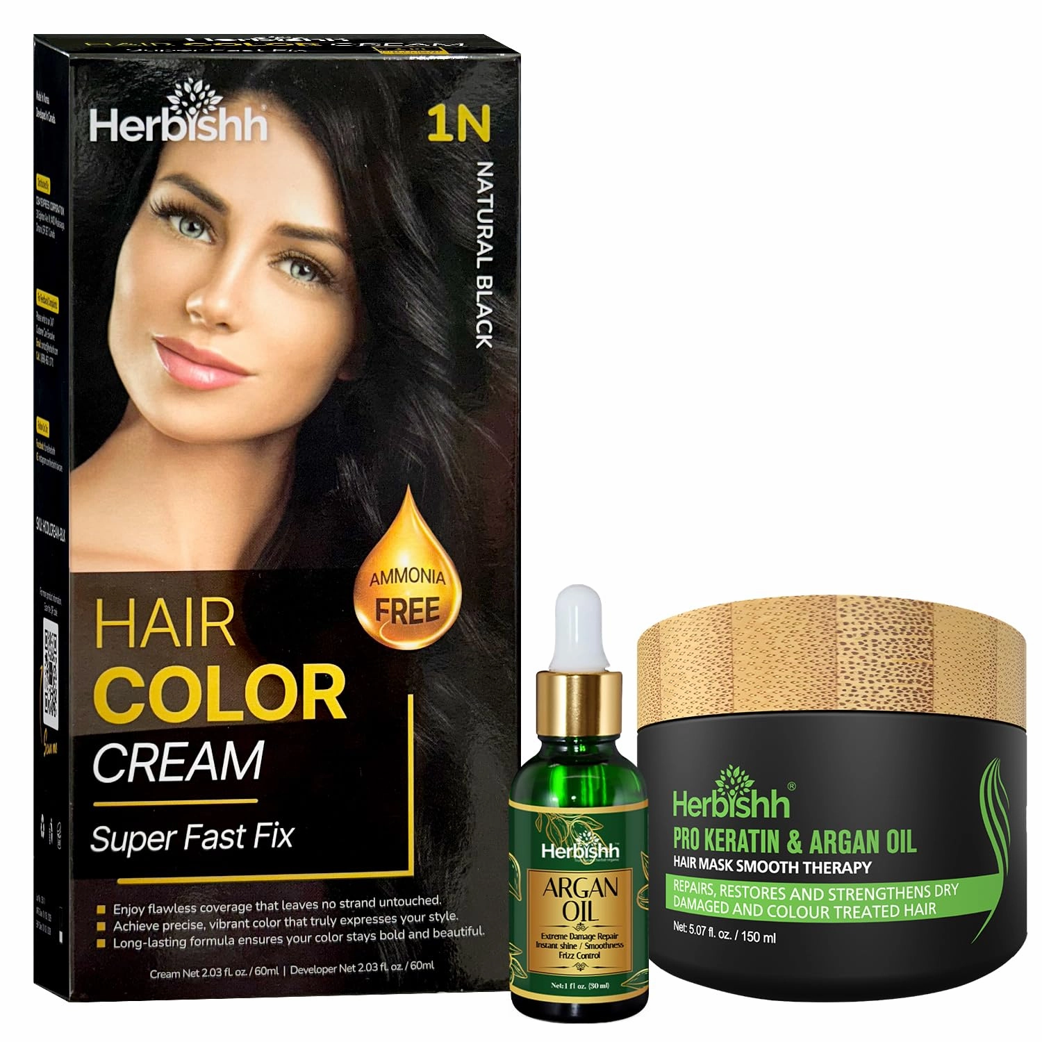 Herbishh Rapid Infusion Hair Color Cream – 1N Natural Black Patented Korean Technology   Argan Oil 30ml   Herbishh Argan Hair Mask-Deep Conditioning & Hydration 150ml
