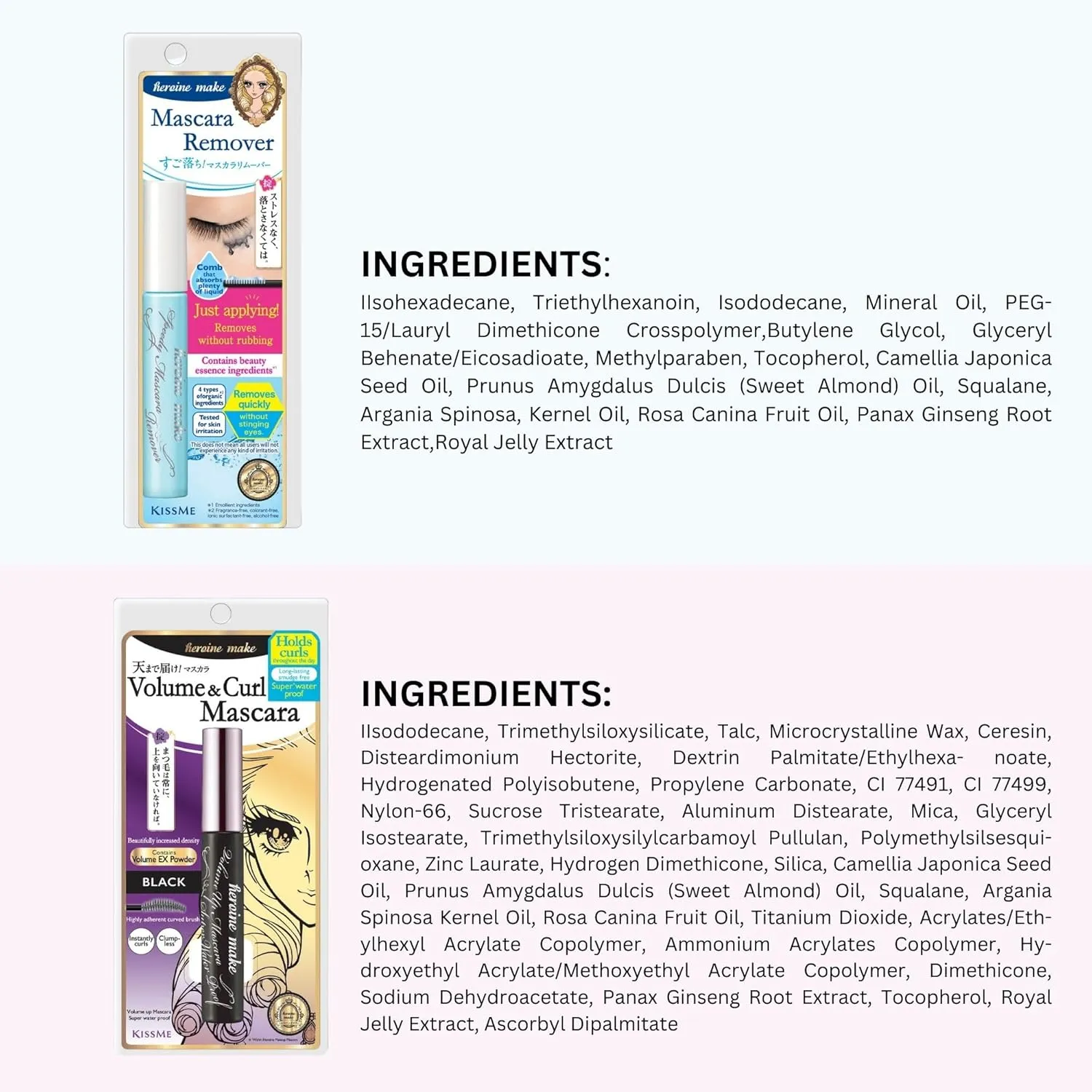 HEROINE MAKE by KISSME Mascara Duo Set | 2 Full-Size -Waterproof Volumizing Mascara Black,Defining Fiber Long-lasting False Eyelash Effect   Gentle Eye Makeup Remover for Waterproof Mascara