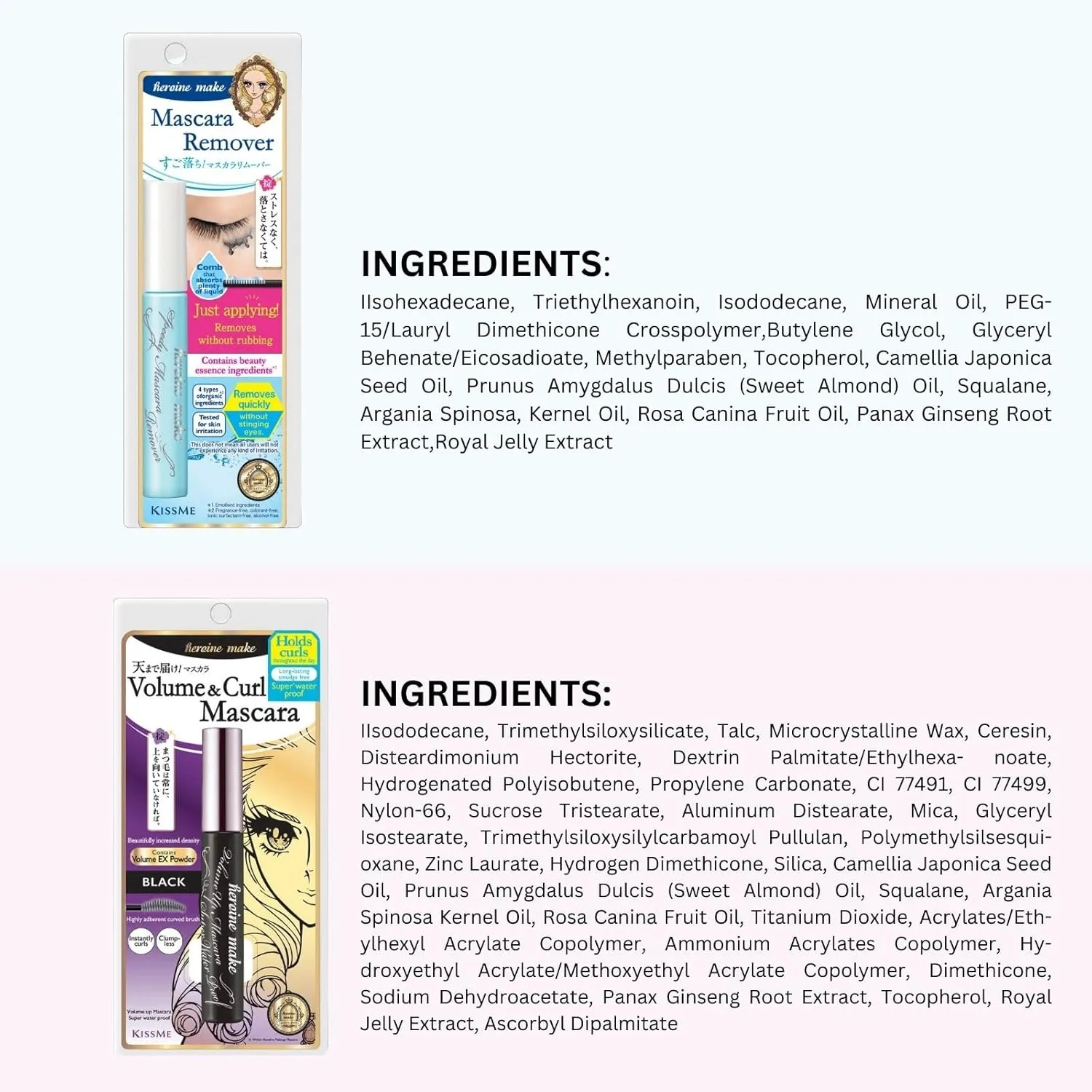 HEROINE MAKE by KISSME Mascara Duo Set | 2 Full-Size -Waterproof Volumizing Mascara Black,Defining Fiber Long-lasting False Eyelash Effect   Gentle Eye Makeup Remover for Waterproof Mascara