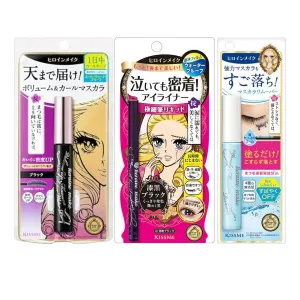 HEROINE MAKE by KISSME Trio Set, 3 Full-Size, Waterproof Volumizing Mascara Black,Long-lasting   Smooth Liquid Black Eyeliner, Smudge-free   Gentle Eye Makeup Remover for Waterproof Mascara