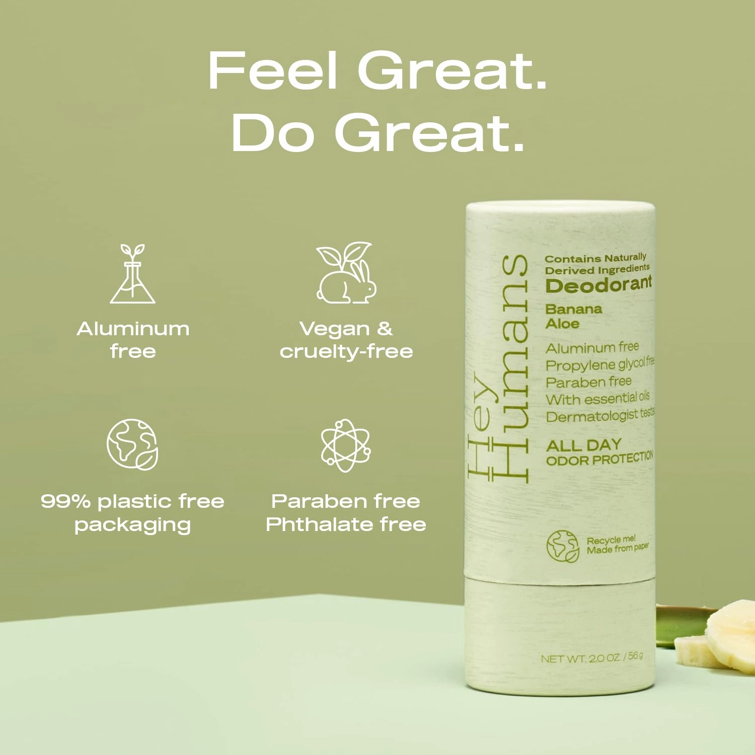 Hey Humans Deodorant, Aluminum Free Deodorant for Women and Men, Contains Naturally Derived Ingredients, All Day Odor Control, Refreshing Essential Oils, Earth Friendly Package, Banana Aloe