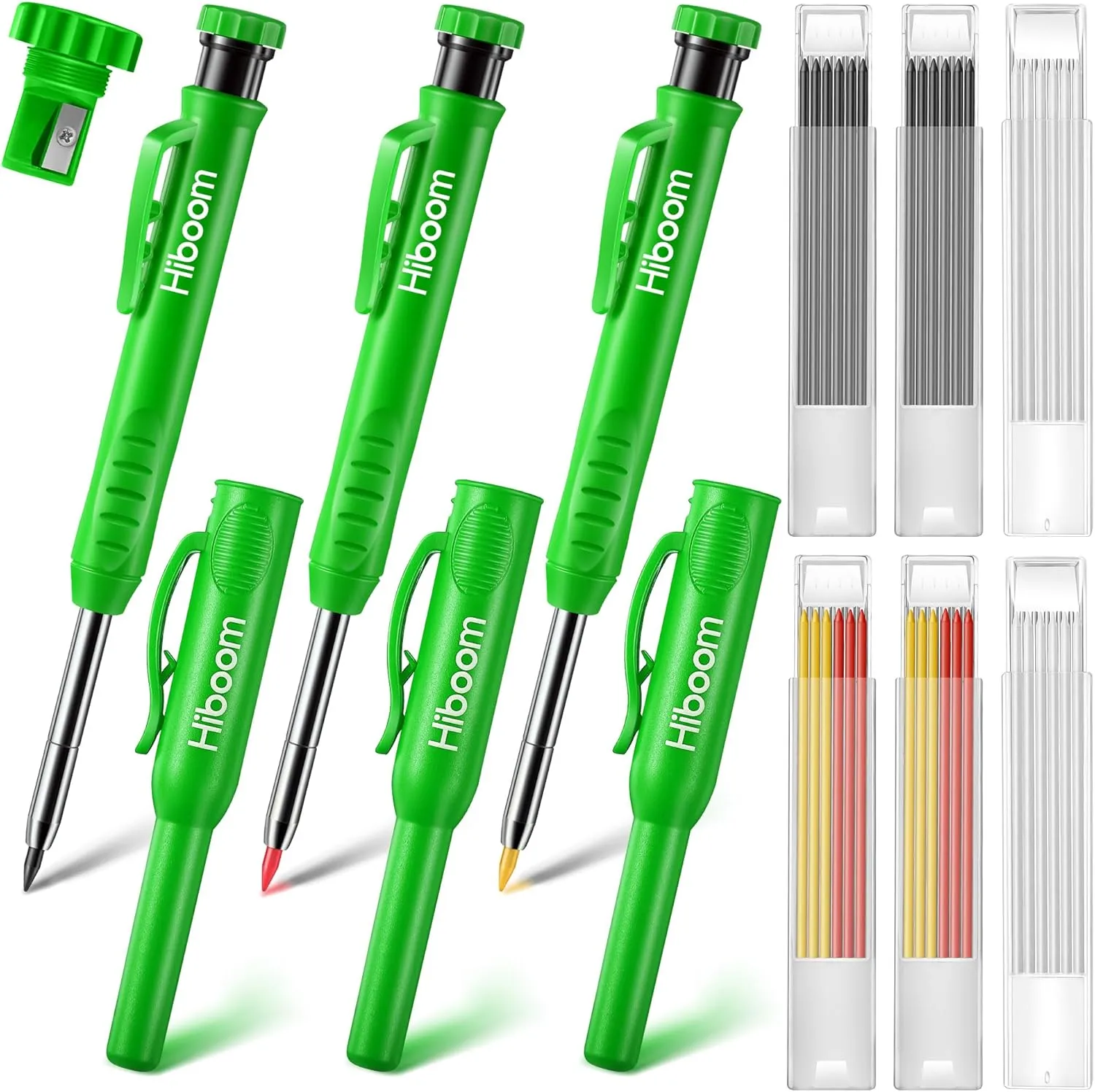 Hiboom 3 Pack Carpenter Pencil with 36 Refills (White,Red, Black, Yellow), 2.8 mm Heavy Duty Construction Pencil Built in Sharpener, Woodworking Marking Tool Solid Long Nosed Deep Hole(Green)