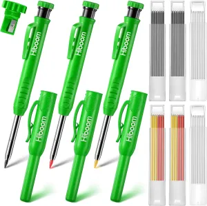 Hiboom 3 Pack Carpenter Pencil with 36 Refills (White,Red, Black, Yellow), 2.8 mm Heavy Duty Construction Pencil Built in Sharpener, Woodworking Marking Tool Solid Long Nosed Deep Hole(Green)