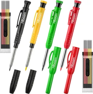 Hiboom 4 Pack Carpenter Pencils with 24 Refills, Mechanical Pencil Set with Sharpener, Construction Pencil for Deep Hole, Long Nosed Marker Heavy Duty Woodworking Pencils (Black,Red,Yellow)