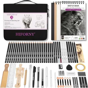HIFORNY 70 Pcs Drawing Set Sketching Kit - Sketch Pencils Art Supplies for Adults Artists Kids with 3-Color Sketchbook,Graphite,Pastel,Charcoal Pencils,Blending Tools