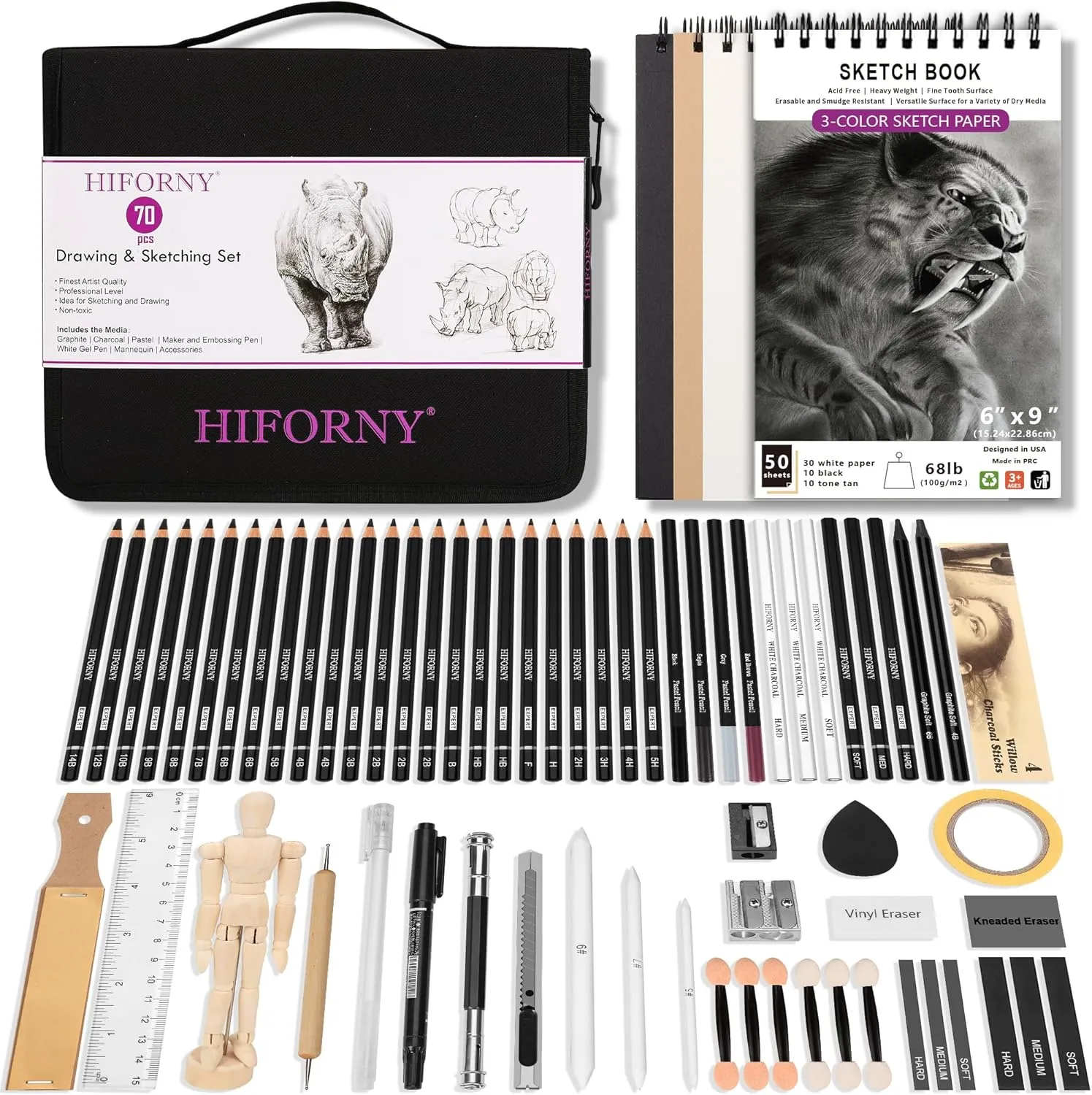 HIFORNY 70 Pcs Drawing Set Sketching Kit - Sketch Pencils Art Supplies for Adults Artists Kids with 3-Color Sketchbook,Graphite,Pastel,Charcoal Pencils,Blending Tools
