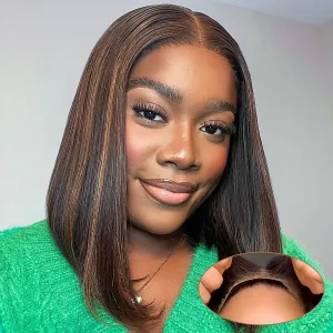 Highlight Ombre Brown Glueless Wigs Human Hair Pre Plucked Pre Cut, Wear and Go Straight Short Bob 200% Density 5x5 HD Lace Closure Glueless Wigs with Natural Hairline for Women(12 inch)