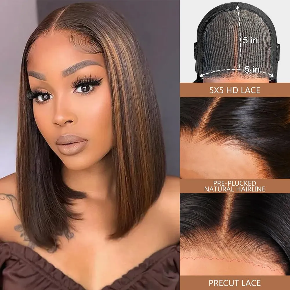 Highlight Ombre Brown Glueless Wigs Human Hair Pre Plucked Pre Cut, Wear and Go Straight Short Bob 200% Density 5x5 HD Lace Closure Glueless Wigs with Natural Hairline for Women(12 inch)