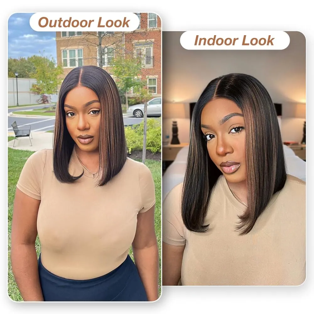 Highlight Ombre Brown Glueless Wigs Human Hair Pre Plucked Pre Cut, Wear and Go Straight Short Bob 200% Density 5x5 HD Lace Closure Glueless Wigs with Natural Hairline for Women(12 inch)