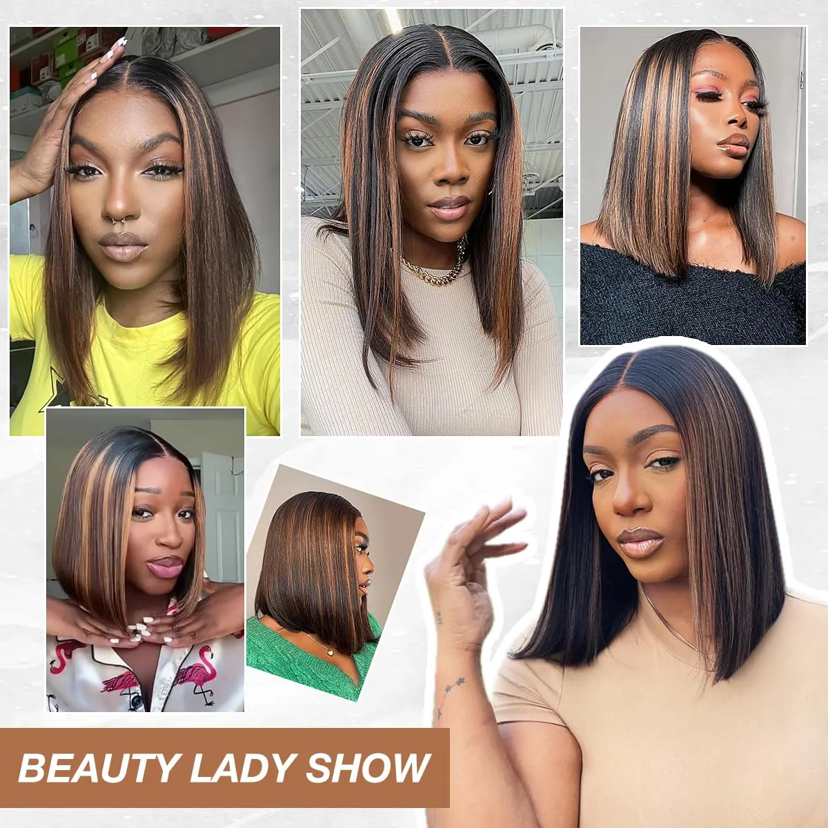 Highlight Ombre Brown Glueless Wigs Human Hair Pre Plucked Pre Cut, Wear and Go Straight Short Bob 200% Density 5x5 HD Lace Closure Glueless Wigs with Natural Hairline for Women(12 inch)