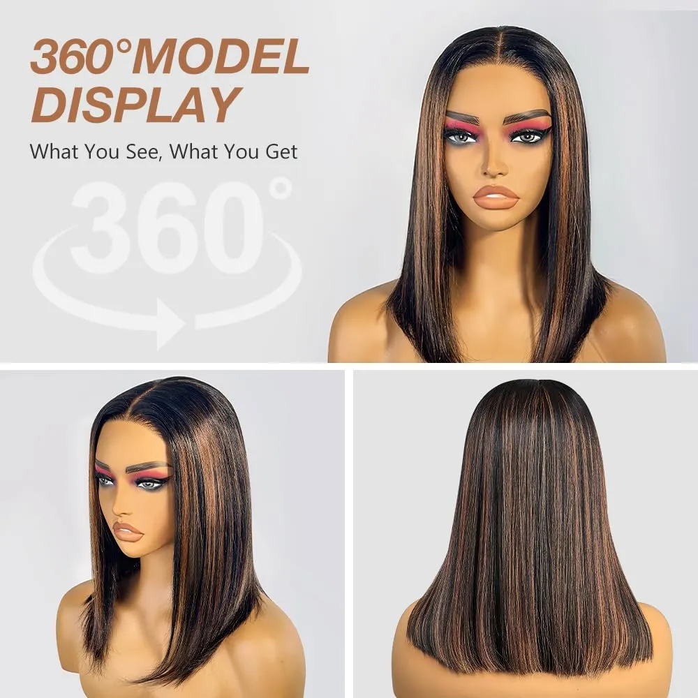 Highlight Ombre Brown Glueless Wigs Human Hair Pre Plucked Pre Cut, Wear and Go Straight Short Bob 200% Density 5x5 HD Lace Closure Glueless Wigs with Natural Hairline for Women(12 inch)