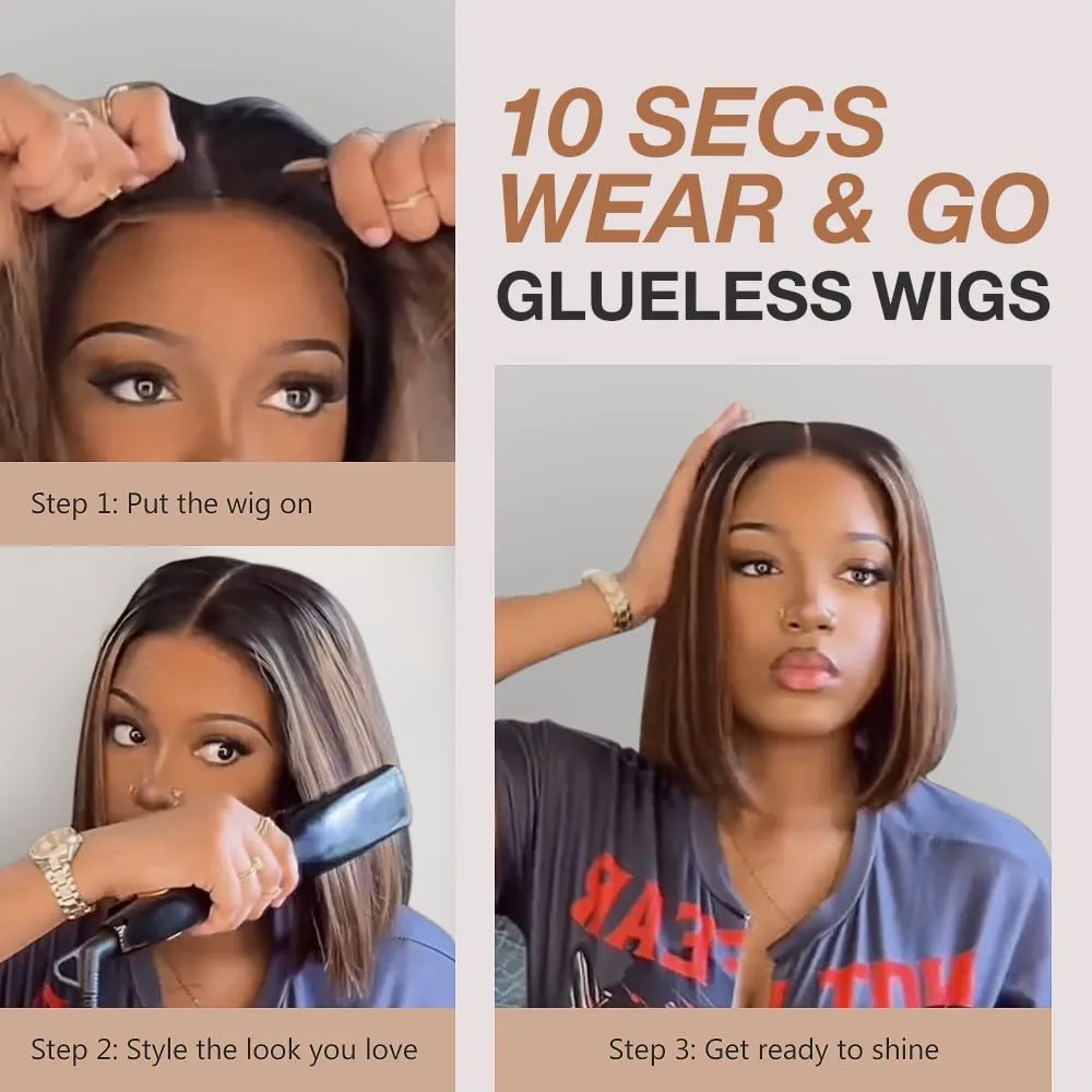 Highlight Ombre Brown Glueless Wigs Human Hair Pre Plucked Pre Cut, Wear and Go Straight Short Bob 200% Density 5x5 HD Lace Closure Glueless Wigs with Natural Hairline for Women(12 inch)