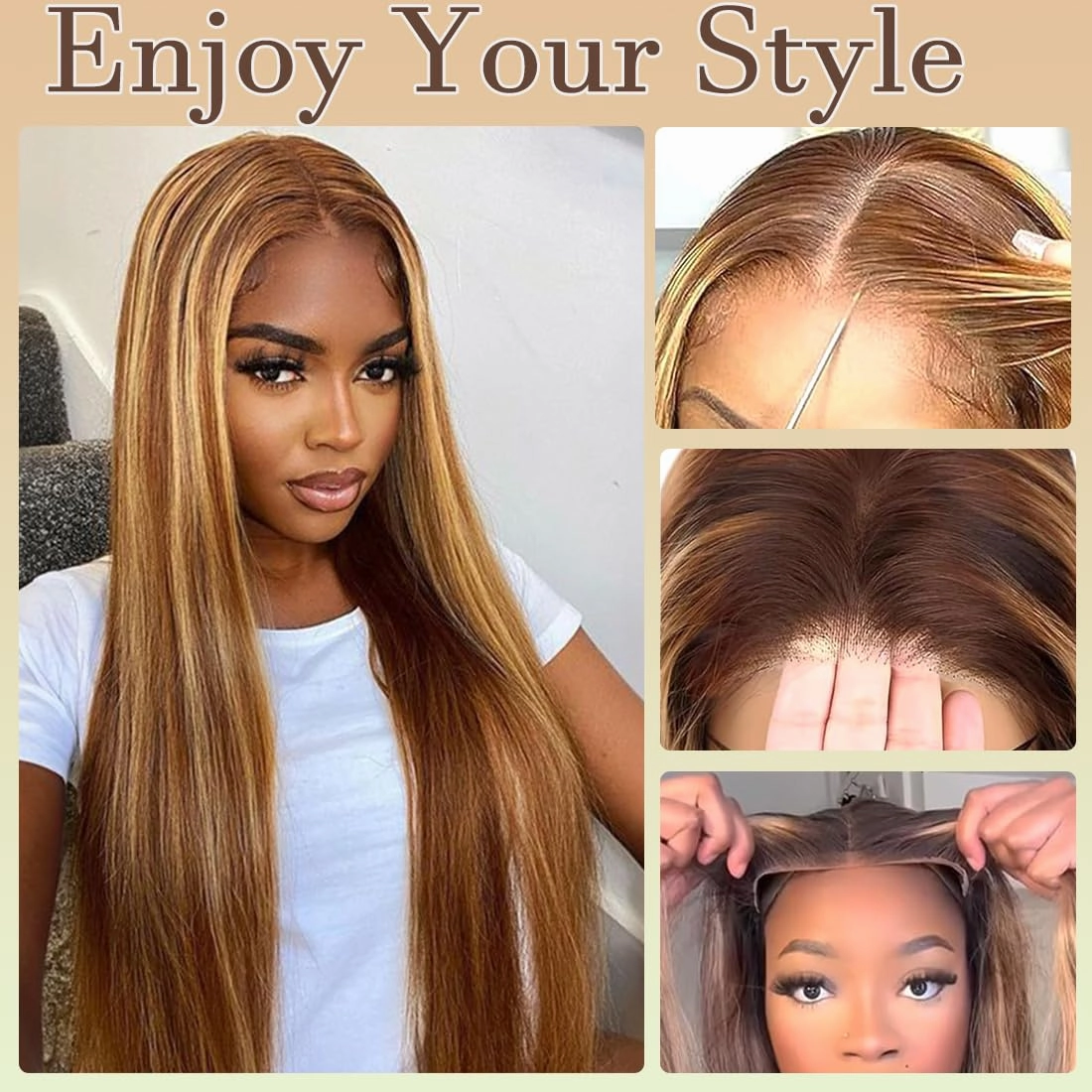 Highlight Straight Glueless Wigs Human Hair Pre Plucked Pre Cut 4/27 Wear and Go Glueless Wigs Human Hair 13X4 HD Lace Front Wigs for Women Honey Blonde 180% Density Colored Straight 30Inch