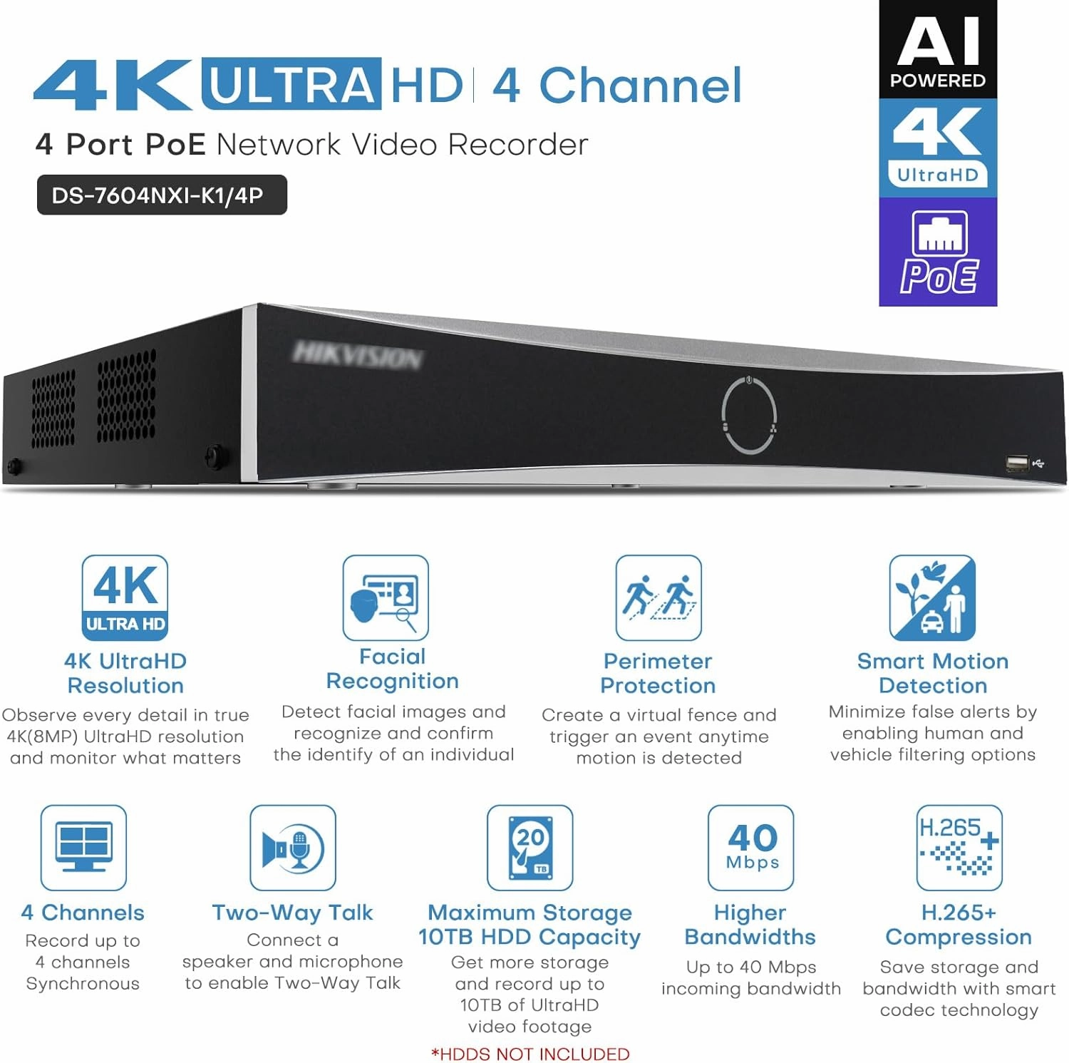 HIKV 4 Channel NVR Camera System Kit, DS-7604NXI-K1/4P 4K ACU-Sense PoE NVR, 4X DS-2CD2343G2-LI2U 4MP Dual Mic WDR IP Cameras, Facial Recognition, VCA, AI Detection, Compatible for Hikvision(NO HDD)
