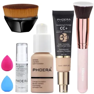 Hilareco PHOERA Foundation,PHOERA CC Cream Foundation Color Correcting Anti Aging Hydrating Serum &SPF 25 ,PHOERA Primer, PHOERA Makeup Foundation, Makeup Brushes (102 Nude 100 Porcelain CC Cream)