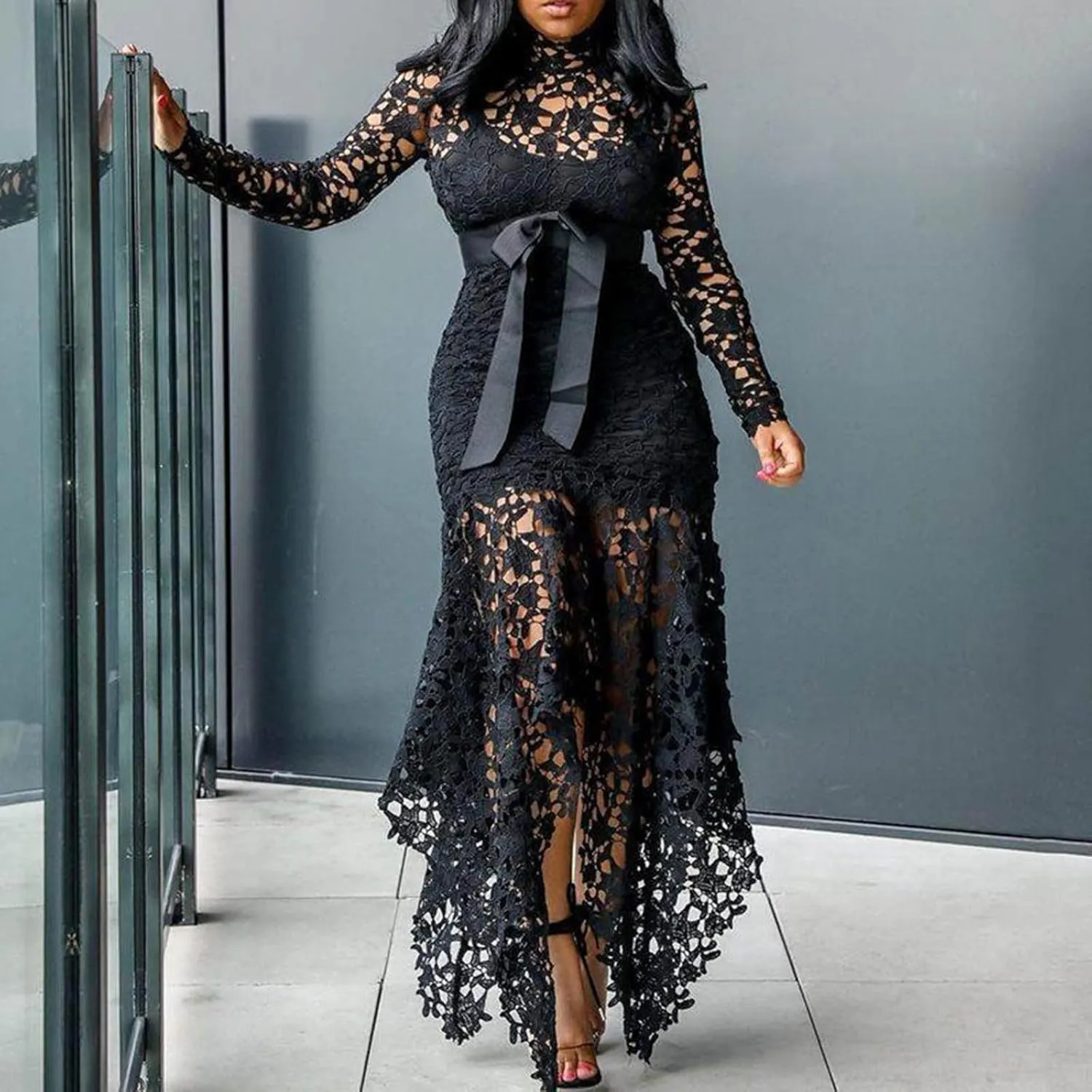Hollow Floor-Length Lace-Up Asymmetrical Women's Maxi Dress Sexy Lace Dress Party Evening Dress 2025 Fashion