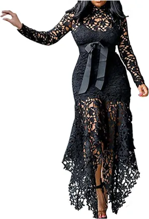 Hollow Floor-Length Lace-Up Asymmetrical Women's Maxi Dress Sexy Lace Dress Party Evening Dress 2025 Fashion
