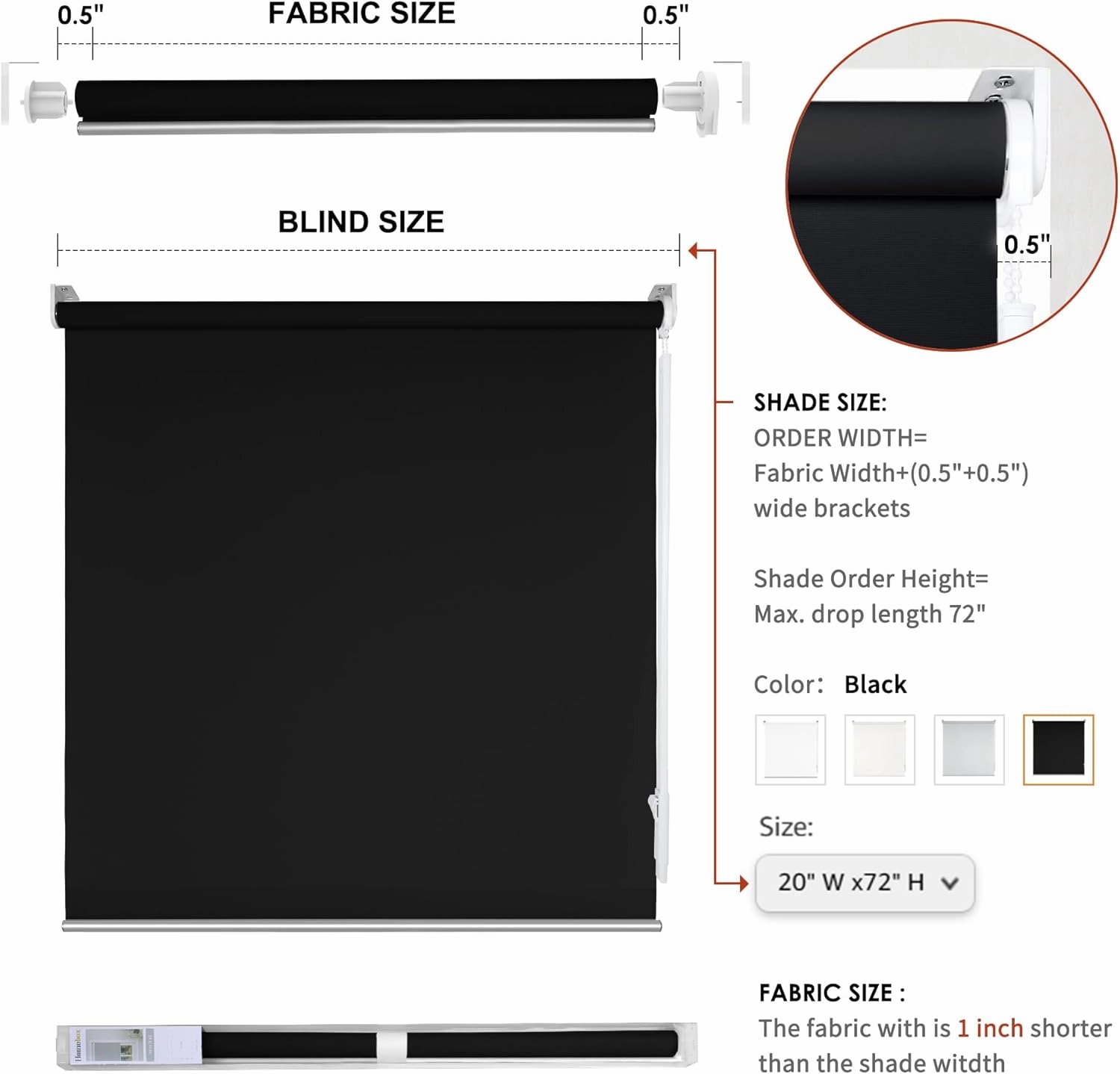 Homebox 70% Blackout Light Filtering Shade Blinds for Windows, Room Darkening Roller Shades Roll up and Down Blinds for Home and Office 20" W×72" H Black