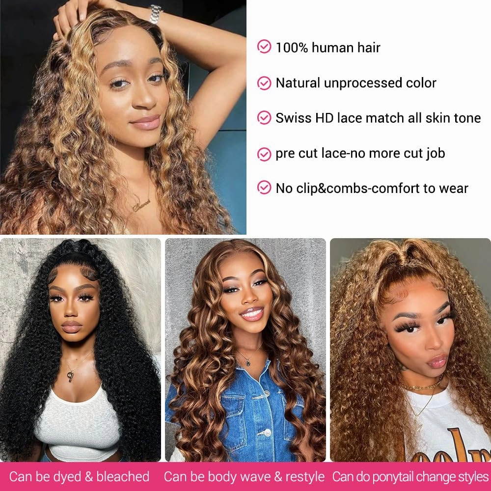 Honey Blonde 9x6 Lace Front Wigs Human Hair Ombre 4/27 Highlight 9x6 HD Lace Front Wigs Human Hair Wet and Wavy Deep Wave Glueless Lace Frontal Wigs Pre Plucked Pre Cut 180% Density 22inch